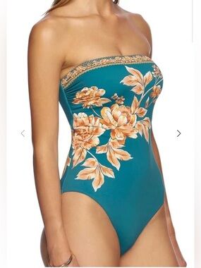 Jets Australia Teal, Gold & Orange Floral Bandeau Ruched One Piece Swimsuit, 8
